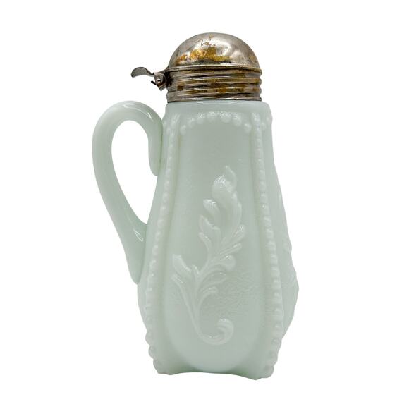 Antique Blue Milk Glass Syrup Pitcher with Tin Lid Victorian Embossed - Picture 1 of 13